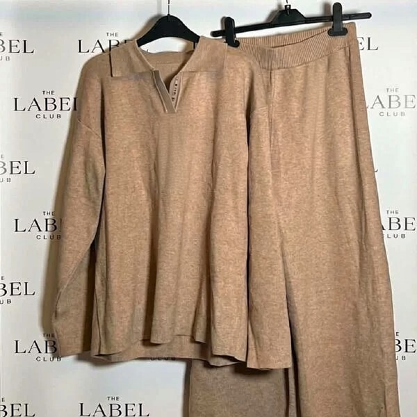 Knit Polo & Wide-Leg Trouser Set — Beige