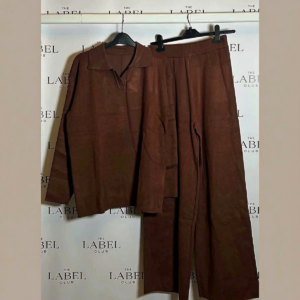 Knit Polo & Wide-Leg Trouser Set — Brown