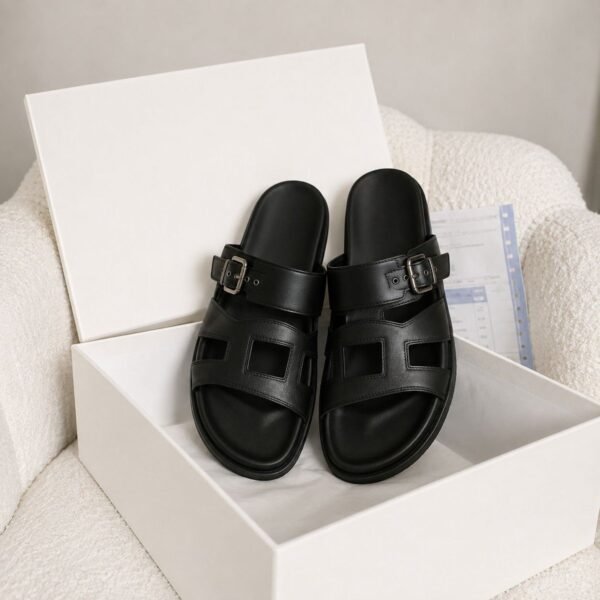 LVSLDBLK.shop_-1 Buckle Slides — Black Leather
